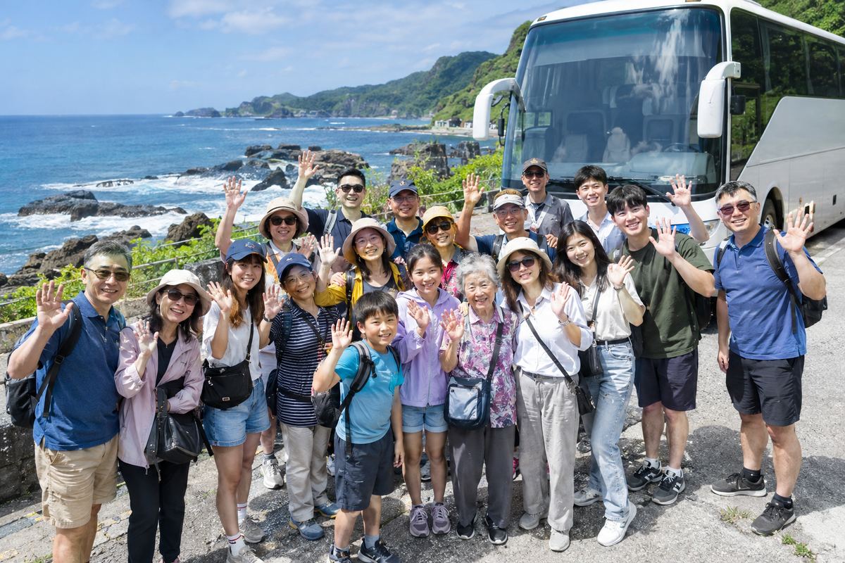 一大群人在東北角海邊的遊覽車前合照揮手