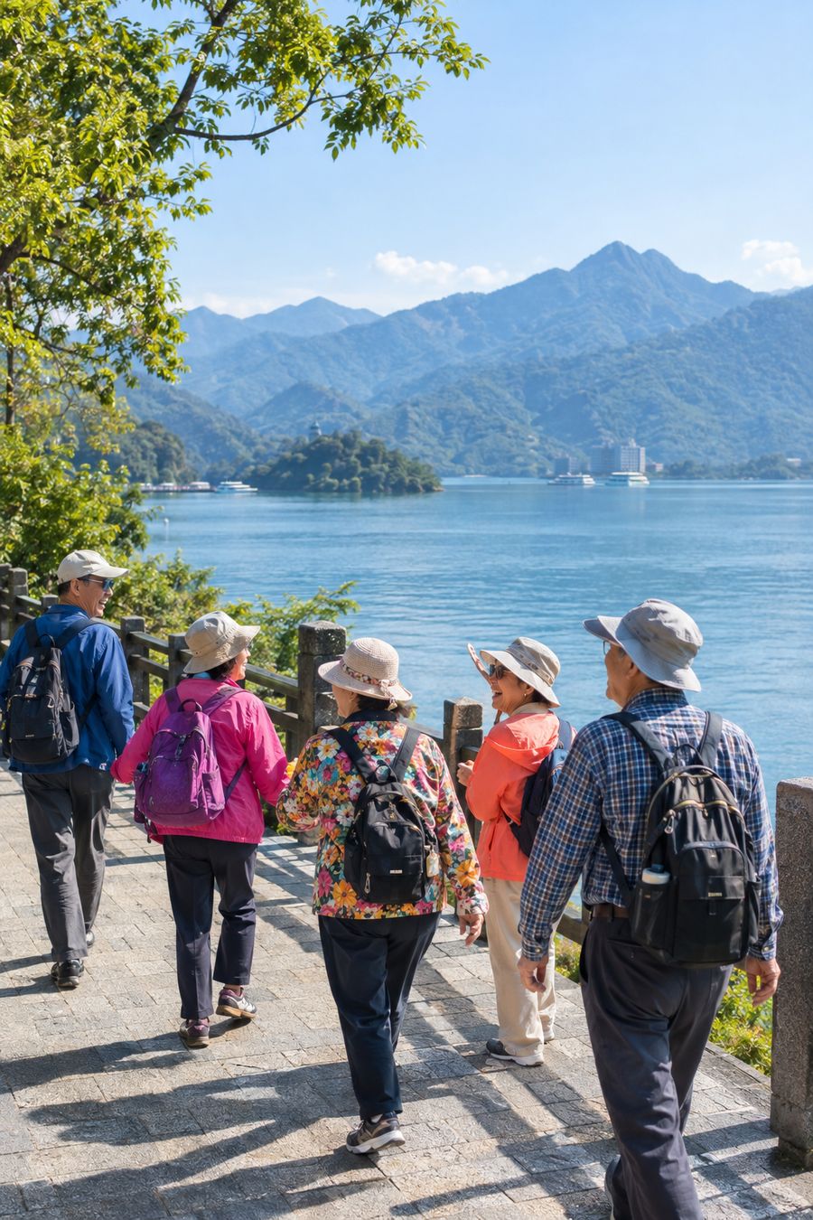 一群長輩沿著日月潭湖邊步道有說有笑地散步